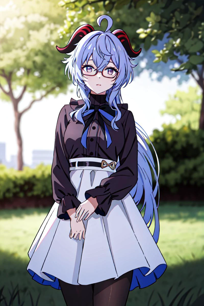 1girl, solo, cowboy shot, <lora:bankyu:0.8>, bankyu, purple_eyes, horns, white_skirt, long_hair, long_sleeves, ahoge, pantyhose, glasses,
park, tree, grass,
gradient background, depth_of_field, blurry, blurry_background, blurry_foreground, motion_blur,, weird atmosphere, (best quality:1.1), (masterpiece:1.2), high quality shadow, beautiful detailed, (high detailed skin, skin details), (wide_landscape, 8k), beautiful face, detailed eyes, depth of field, dramatic light, best quality, highres, best shadow, best illumination,