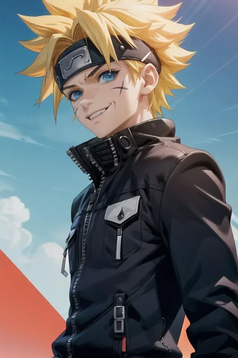 (masterpiece),best quality,anime screencap,anime coloring,anime style,1boy, uzumaki naruto, blonde hair, male focus, solo, blue eyes, smile, looking at viewer, forehead protector, jacket, long sleeves, whisker markings, spiked hair, facial mark, zipper, twitter username