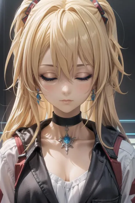 (masterpiece),best quality,anime screencap,anime coloring,anime style,1girl, blonde hair, solo, closed eyes, twintails, choker, black choker, closed mouth, bangs, long hair, hair between eyes, portrait, shirt