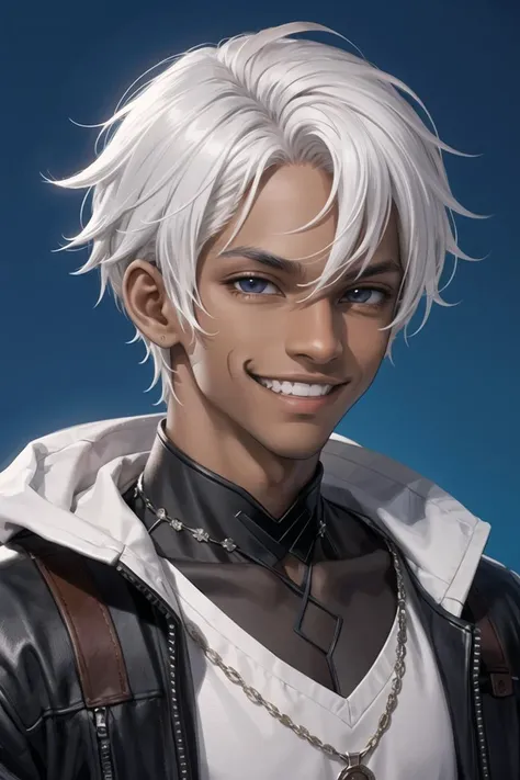 a man with white hair and a leather jacket smiles