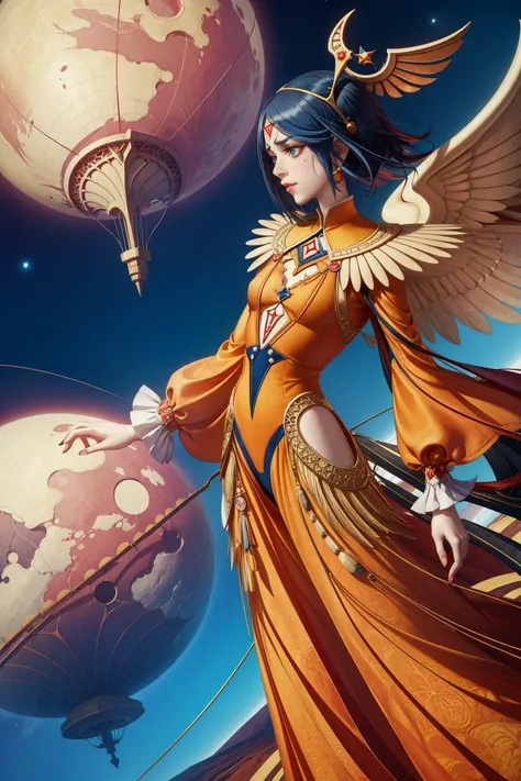 a woman in an orange dress holding a large bird next to a globe