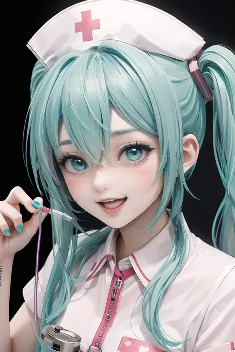 (masterpiece),best quality,1girl,solo,hatsune miku,nurse,twintails,syringe,hat,long hair,aqua hair,nurse cap,blush,open mouth,smile,aqua eyes,nail polish,heart,