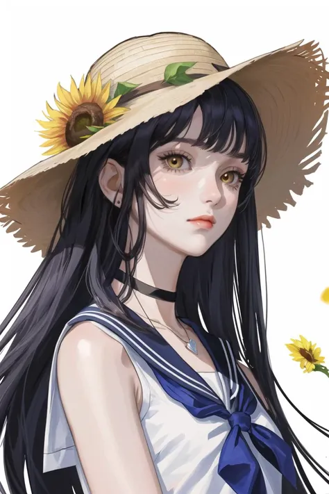 portrait,upper_body,three-quarter view,1girl,hat,flower,sunflower,solo,long hair,dress,looking at viewer,straw hat,jewelry,petals,hand on headwear,holding,bracelet,transparent background,ribbon,sailor dress,holding flower,sailor collar,choker,bangs,very long hair,necklace,closed mouth,sleeveless,sun hat,bouquet