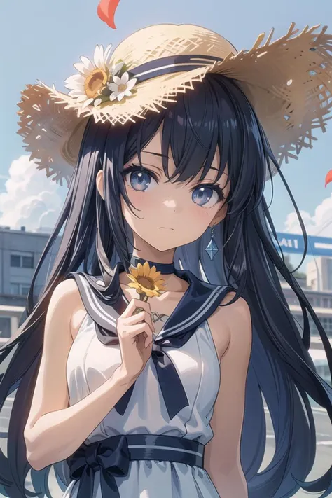 (masterpiece),best quality,portrait,upper_body,three-quarter view,anime screencap,anime coloring,anime style,1girl,lineart,monochrome,hat,flower,greyscale,sunflower,solo,long hair,dress,looking at viewer,straw hat,jewelry,petals,hand on headwear,holding,bracelet,transparent background,ribbon,sailor dress,holding flower,sailor collar,choker,bangs,very long hair,necklace,closed mouth,sleeveless,sun hat,bouquet,