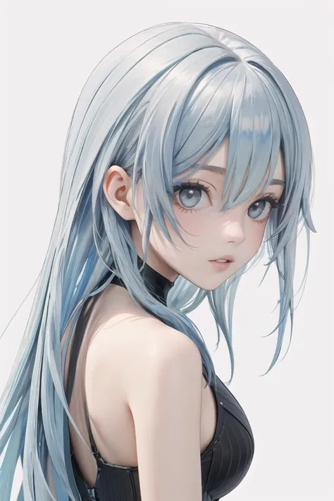 (masterpiece),best quality,1girl,solo,white background,long hair,looking at viewer,head fins,looking back,blue hair,bangs,simple background,parted lips,portrait,virtual youtuber,grey eyes,bare shoulders,