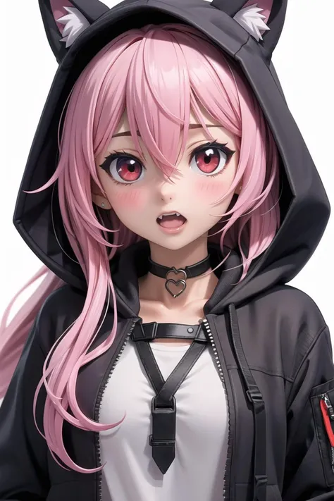 (masterpiece),best quality,anime screencap,anime coloring,anime style,1girl,hood,solo,long hair,red eyes,fang,open mouth,animal ears,white background,blush,animal hood,simple background,hood up,signature,heart,upper body,bangs,hair between eyes,choker,hoodie,black hoodie,artist name,jacket,fake animal ears,black jacket,