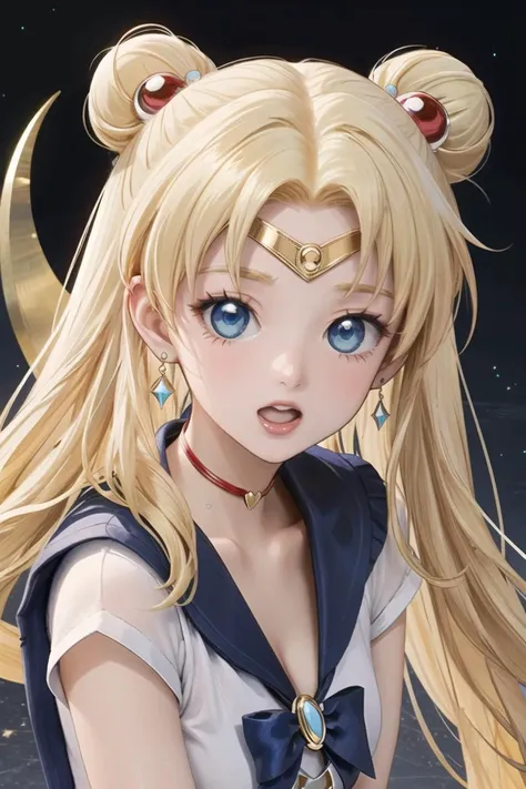 (masterpiece),best quality,anime screencap,anime coloring,anime style,katou megumi,1girl,solo,tsukino usagi,blonde hair,sailor moon,sailor senshi uniform,blue eyes,blue sailor collar,sailor collar,earrings,long hair,crescent earrings,twintails,jewelry,crescent,gloves,choker,double bun,white gloves,moon,hair bun,v,upper body,red choker,collarbone,red bow,looking at viewer,open mouth,bow,magical girl,hair ornament,:o,elbow gloves,circlet,crescent moon,bangs,short sleeves,bowtie,white shirt,