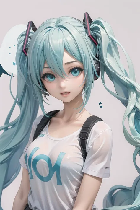 (masterpiece),best quality,comic,partially colored,1girl, hatsune miku, shirt, long hair, twintails, ?, solo, spoken question mark, aqua eyes, aqua hair, open mouth, white background, white shirt, very long hair, hair ornament, clothes writing, upper body, headphones, speech bubble, off shoulder, collarbone, short sleeves, smile, simple background, english text, t-shirt