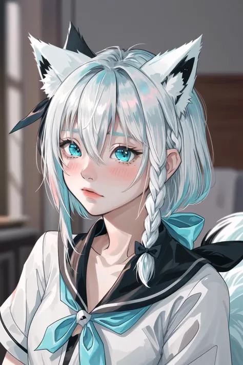 1girl, animal ears, virtual youtuber, shirakami fubuki, solo, blush, fox ears, heart, braid, white hair, animal ear fluff, twitter username, long hair, bangs, trembling, sidelocks, fox girl, extra ears, hair between eyes, blurry background, ribbon, aqua eyes, shirt, blurry, hair ribbon, bow