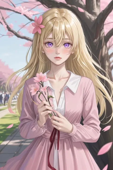 1girl,solo,blonde hair,long hair,flower,holding,cherry blossoms,dress,hair flower,looking at viewer,petals,hair ornament,hair between eyes,bangs,white shirt,pink flower,holding flower,pink dress,shirt,long sleeves,purple eyes,outdoors,collarbone,tree,branch,red ribbon,blush,ribbon,