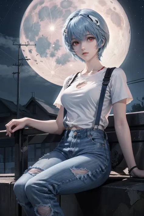 a woman with blue hair sitting on a ledge in front of a full moon