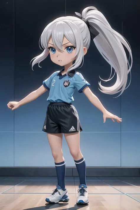 (masterpiece),best quality,anime screencap,anime coloring,anime style,soccer uniform,soccer ball,1girl,morgan le fay (fate),solo,soccer,long hair,sportswear,blue eyes,chibi,ball,shorts,bow,hair bow,very long hair,black shorts,braid,black bow,bangs,grey hair,socks,ponytail,hair between eyes,blue shirt,striped,standing on one leg,telstar,short sleeves,parted lips,standing,shirt,french braid,short shorts,full body,