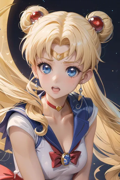 (masterpiece),best quality,anime screencap,anime coloring,anime style,katou megumi, 1girl, solo, tsukino usagi, blonde hair, sailor moon, sailor senshi uniform, blue eyes, blue sailor collar, sailor collar, earrings, long hair, crescent earrings, twintails, jewelry, crescent, gloves, choker, double bun, white gloves, moon, hair bun, v, upper body, red choker, collarbone, red bow, looking at viewer, open mouth, bow, magical girl, hair ornament, :o, elbow gloves, circlet, crescent moon, bangs, short sleeves, bowtie, white shirt