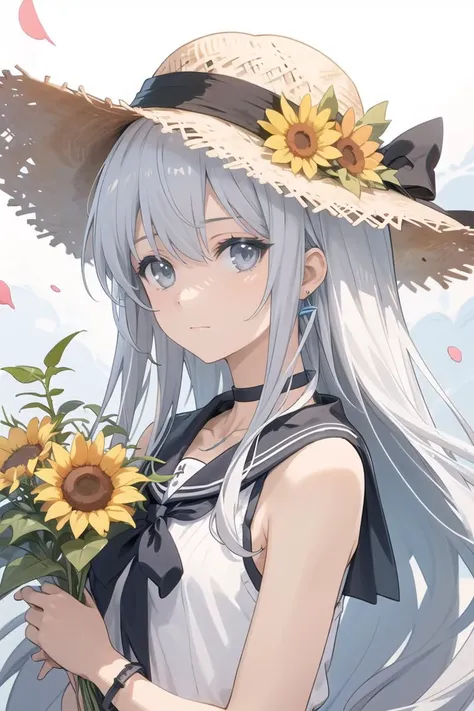 anime girl with sunflowers in her hand and a straw hat on