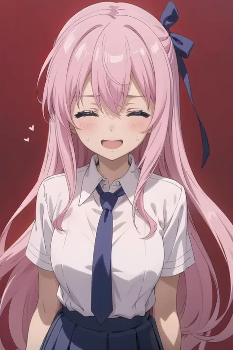 (masterpiece),best quality,anime screencap,anime coloring,anime style,1girl, sweatdrop, solo, closed eyes, long hair, necktie, open mouth, ribbon, smile, pink hair, hair ribbon, school uniform