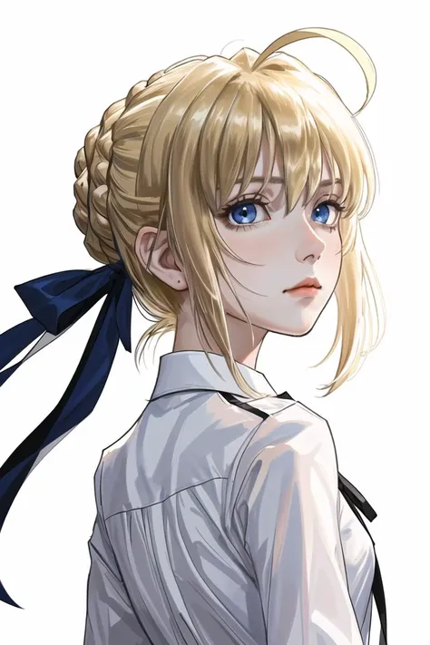 1girl, solo, artoria pendragon (fate), blonde hair, ribbon, looking at viewer, hair ribbon, saber, shirt, blue ribbon, bangs, sidelocks, portrait, blue eyes, ahoge, white shirt, hair bun, braid, closed mouth, looking back, collared shirt, black ribbon, short hair, white background