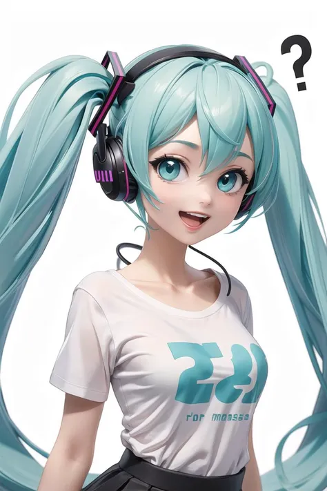 (masterpiece),best quality,1girl, hatsune miku, shirt, long hair, twintails, ?, solo, spoken question mark, aqua eyes, aqua hair, open mouth, white background, white shirt, very long hair, hair ornament, clothes writing, upper body, headphones, speech bubble, off shoulder, collarbone, short sleeves, smile, simple background, english text, t-shirt