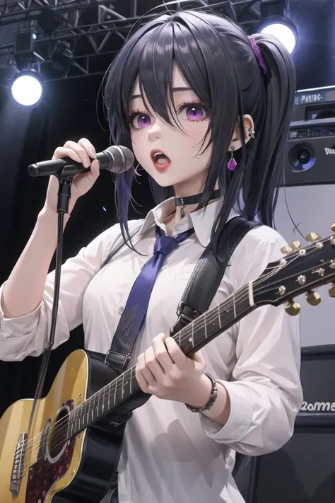 (masterpiece),best quality,anime screencap,anime coloring,anime style,1girl,music,instrument,solo,black hair,open mouth,sweat,microphone,guitar,necktie,singing,choker,shirt,makeup,jewelry,earrings,long hair,pink eyes,purple eyes,electric guitar,holding,jacket,white shirt,playing instrument,collared shirt,piercing,collar,black choker,looking at viewer,