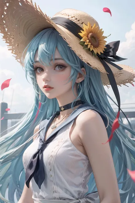 (masterpiece),best quality,portrait,upper_body,three-quarter view,1girl,lineart,hat,flower,sunflower,solo,long hair,dress,looking at viewer,straw hat,jewelry,petals,hand on headwear,holding,bracelet,transparent background,ribbon,sailor dress,holding flower,sailor collar,choker,bangs,very long hair,necklace,closed mouth,sleeveless,sun hat,bouquet,