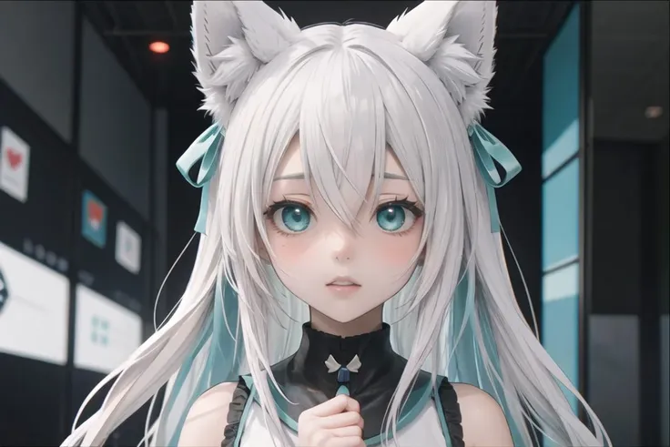 (masterpiece),best quality,anime screencap,anime coloring,anime style,1girl,animal ears,virtual youtuber,shirakami fubuki,solo,blush,fox ears,heart,braid,white hair,animal ear fluff,twitter username,long hair,bangs,trembling,sidelocks,fox girl,extra ears,hair between eyes,blurry background,ribbon,aqua eyes,shirt,blurry,hair ribbon,bow,