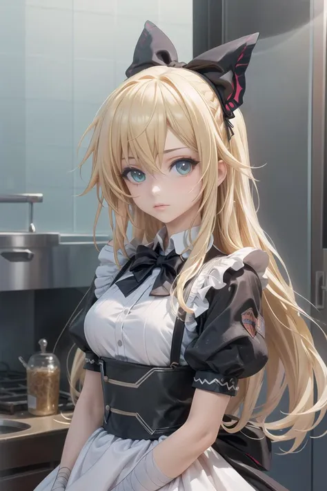 a woman in a maid outfit standing in a kitchen