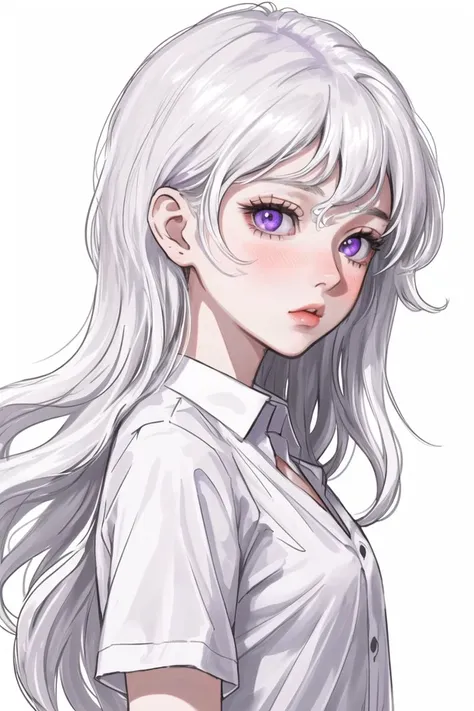 a drawing of a woman with long white hair and purple eyes