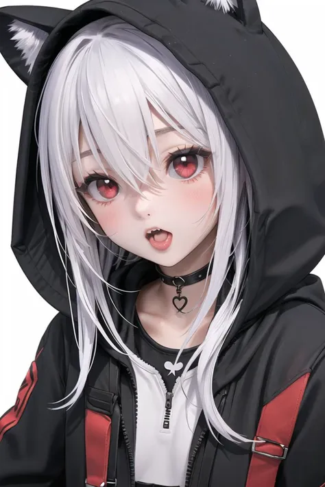 (masterpiece),best quality,1girl,hood,solo,long hair,red eyes,fang,open mouth,animal ears,white background,blush,animal hood,simple background,hood up,signature,heart,upper body,bangs,hair between eyes,choker,hoodie,black hoodie,artist name,jacket,fake animal ears,black jacket,