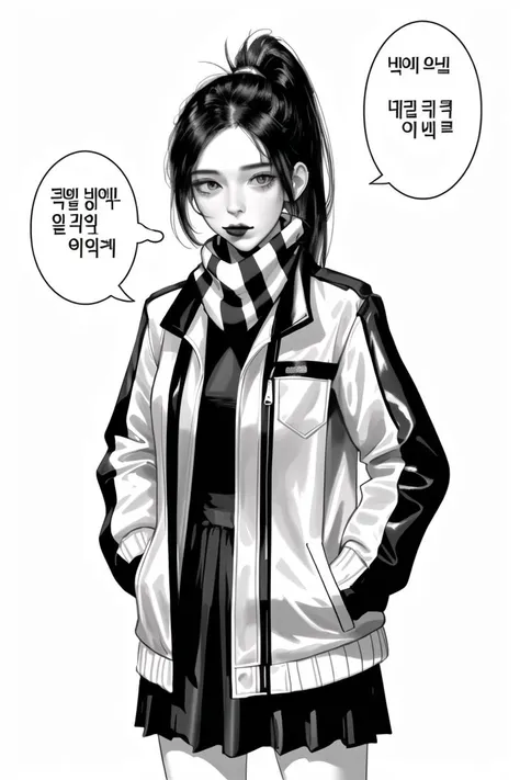 1girl, greyscale, monochrome, solo, korean text, ponytail, scarf, long hair, looking at viewer, cigarette, white background, simple background, jacket, hands in pockets, speech bubble, mouth hold