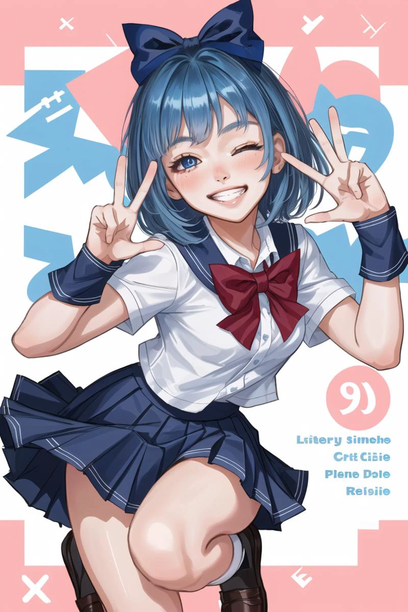 1girl, one eye closed, v, blue hair, blue eyes, solo, school uniform, smile, double v, skirt, looking at viewer, cover, pleated skirt, copyright name, grin, bow, blush, medium hair