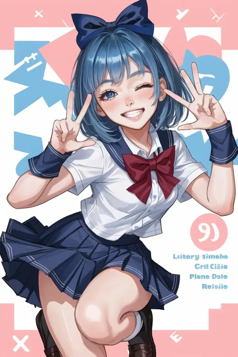 1girl, one eye closed, v, blue hair, blue eyes, solo, school uniform, smile, double v, skirt, looking at viewer, cover, pleated skirt, copyright name, grin, bow, blush, medium hair