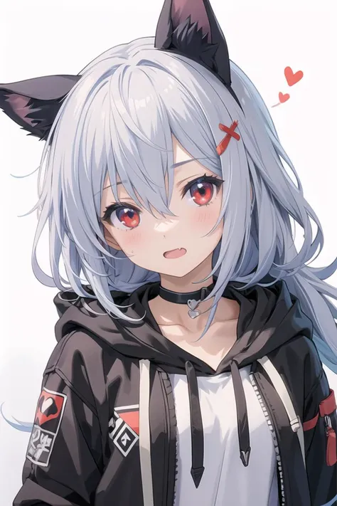 (masterpiece),best quality,anime screencap,anime coloring,anime style,1girl, hood, solo, long hair, red eyes, fang, open mouth, animal ears, white background, blush, animal hood, simple background, hood up, signature, heart, upper body, bangs, hair between eyes, choker, hoodie, black hoodie, artist name, jacket, fake animal ears, black jacket