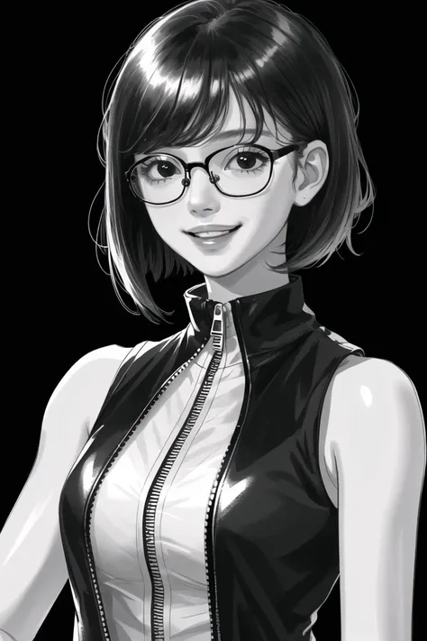 1girl,solo,red-framed eyewear,glasses,black eyes,black hair,upper body,looking at viewer,short hair,sleeveless,black background,sleeveless jacket,twitter username,zipper,bangs,smile,shiny hair,simple background,shiny,swept bangs,bare shoulders,parted bangs,parted lips,black gloves,sleeveless shirt,gloves,shirt,spot color