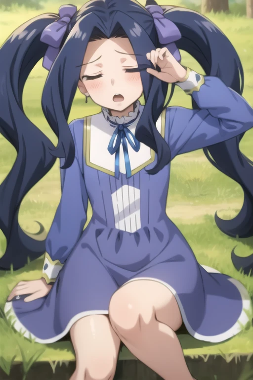 <lora:sh_melty:1> melty, 1girl, blue eyes, eyes visible through hair, hair intakes, bangs, purple hair, bangs, forehead, very long hair, twintails, parted bangs, hair bow, hair ribbon,
dress, long sleeves, blue dress, neck ribbon,
open mouth, closed eyes, feet out of frame
