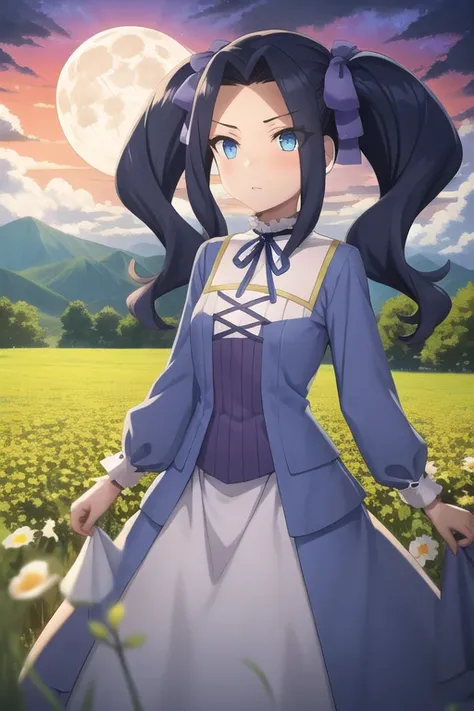 <lora:sh_melty:1> melty, 1girl, blue eyes, eyes visible through hair, hair intakes, bangs, purple hair, bangs, forehead, very long hair, twintails, parted bangs, hair bow, hair ribbon,
dress, long sleeves, blue dress, neck ribbon,
cloud, field, full moon, moon, mountain, nature, outdoors, red sky, scenery, sky, tree, original