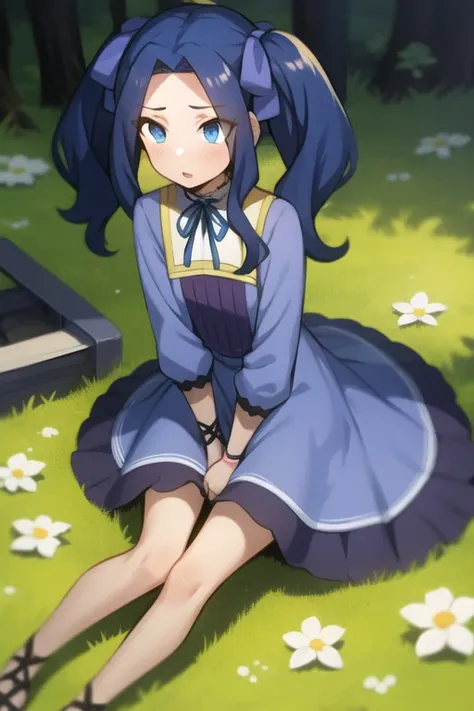<lora:sh_melty:1> melty, 1girl, blue eyes, eyes visible through hair, hair intakes, bangs, purple hair, bangs, forehead, very long hair, twintails, parted bangs, hair bow, hair ribbon,
dress, long sleeves, blue dress, neck ribbon,
garden
