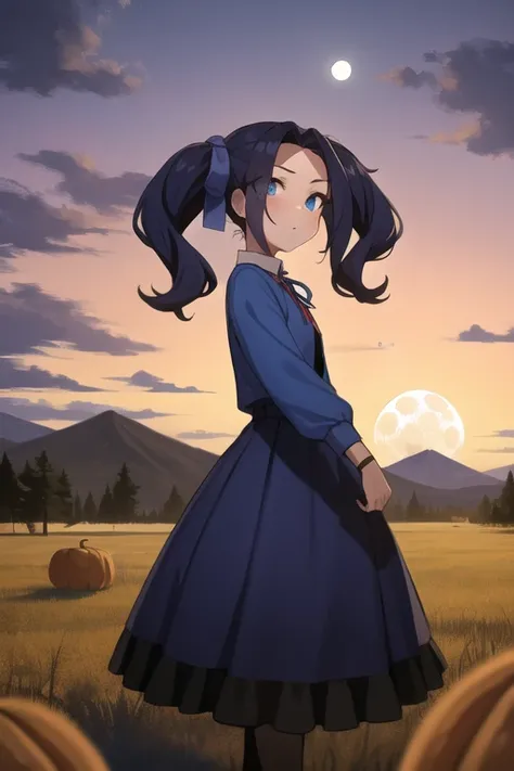 <lora:sh_melty:1> melty, 1girl, blue eyes, eyes visible through hair, hair intakes, bangs, purple hair, bangs, forehead, very long hair, twintails, parted bangs, hair bow, hair ribbon,
dress, long sleeves, blue dress, neck ribbon,
cloud, field, full moon, moon, mountain, nature, outdoors, pumpkin, red sky, scenery, sky, tree, original