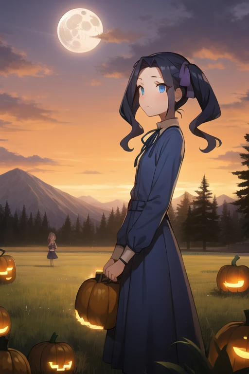 <lora:sh_melty:1> melty, 1girl, blue eyes, eyes visible through hair, hair intakes, bangs, purple hair, bangs, forehead, very long hair, twintails, parted bangs, hair bow, hair ribbon,
dress, long sleeves, blue dress, neck ribbon,
cloud, field, full moon, moon, mountain, nature, outdoors, pumpkin, red sky, scenery, sky, tree, original