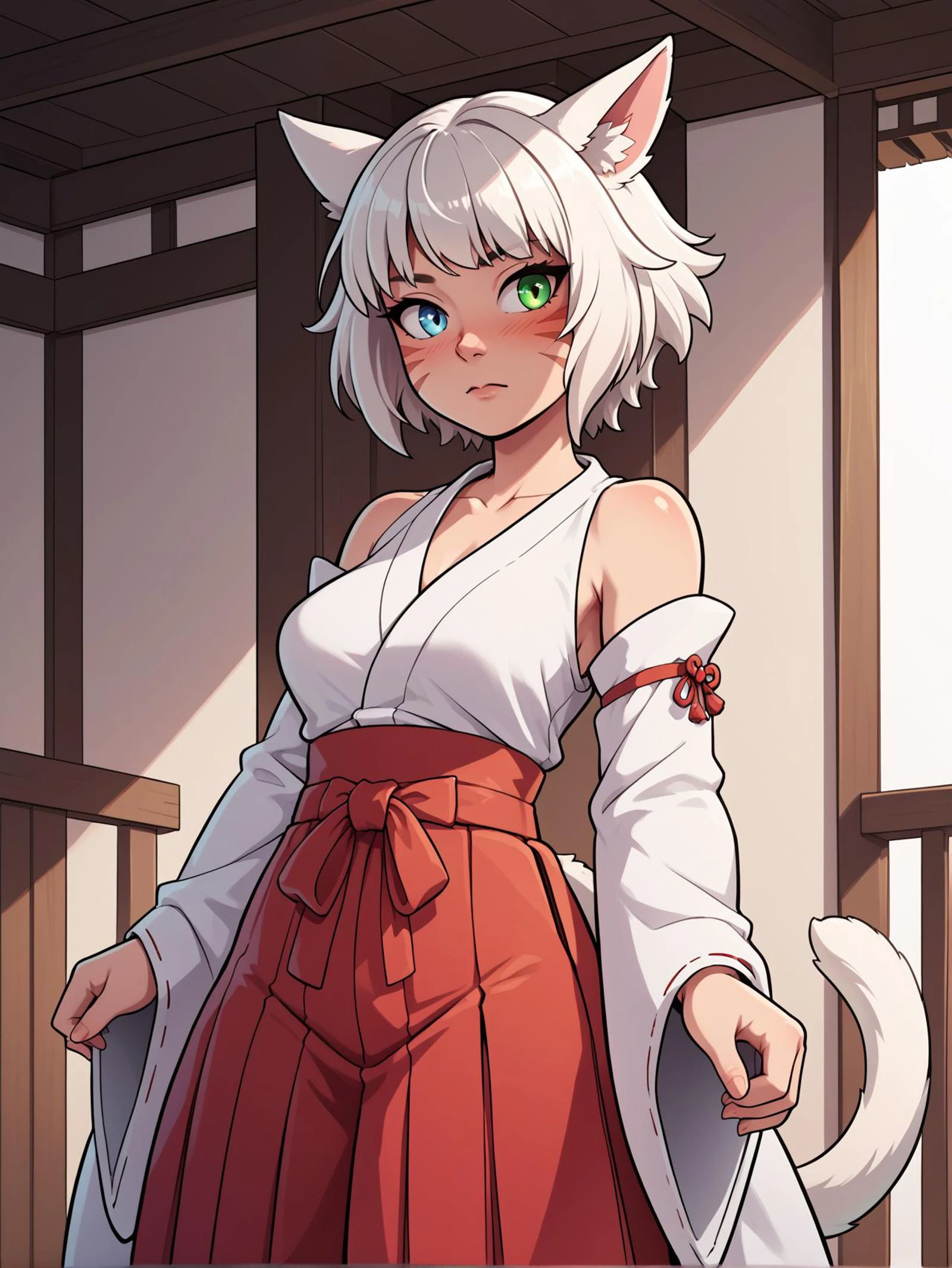score_9, score_8_up, score_7_up, score_6_up, score_5_up, source_anime, masterpiece, best quality,
1girl, cat girl, white hair, short hair, miqo'te, whisker markings, green eyes, heterochromia, blue eyes, nude, embarrassed, hakama skirt, red hakama skirt, white kimono, cowboy shot, detached sleeves, exposed shoulders,