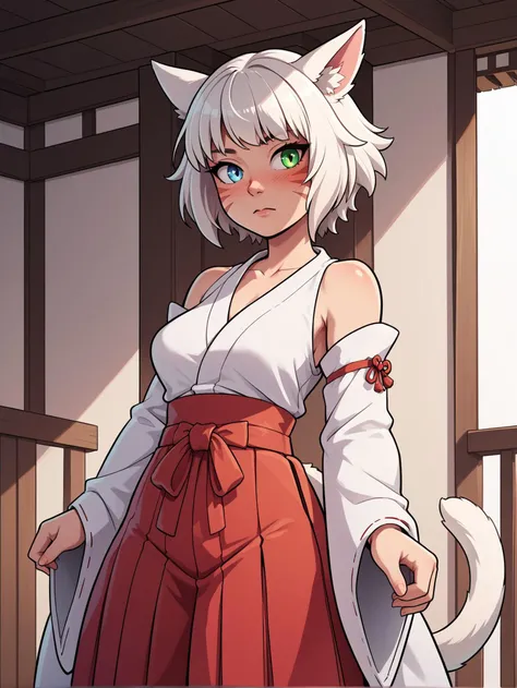 score_9, score_8_up, score_7_up, score_6_up, score_5_up, source_anime, masterpiece, best quality,

1girl, cat girl, white hair, short hair, miqo'te, whisker markings, green eyes, heterochromia, blue eyes, nude, embarrassed, hakama skirt, red hakama skirt, white kimono, cowboy shot, detached sleeves, exposed shoulders, 