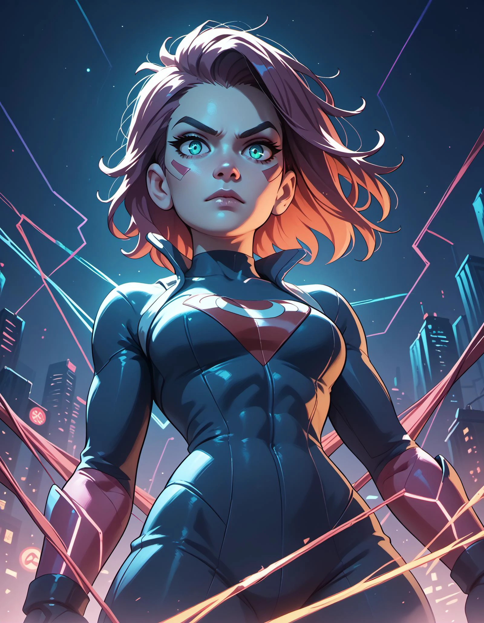 ((Unusual Angle)),score_9, score_8_up, score_7_up, score_6_up, score_5_up, score_4_up, 1girl, super hero, in NY at night<lora:Niji-Mj_Almost_Realism:1>, Wide angle, chaotic background. vibrant, dramatic, dark, sharp focus, 8k.