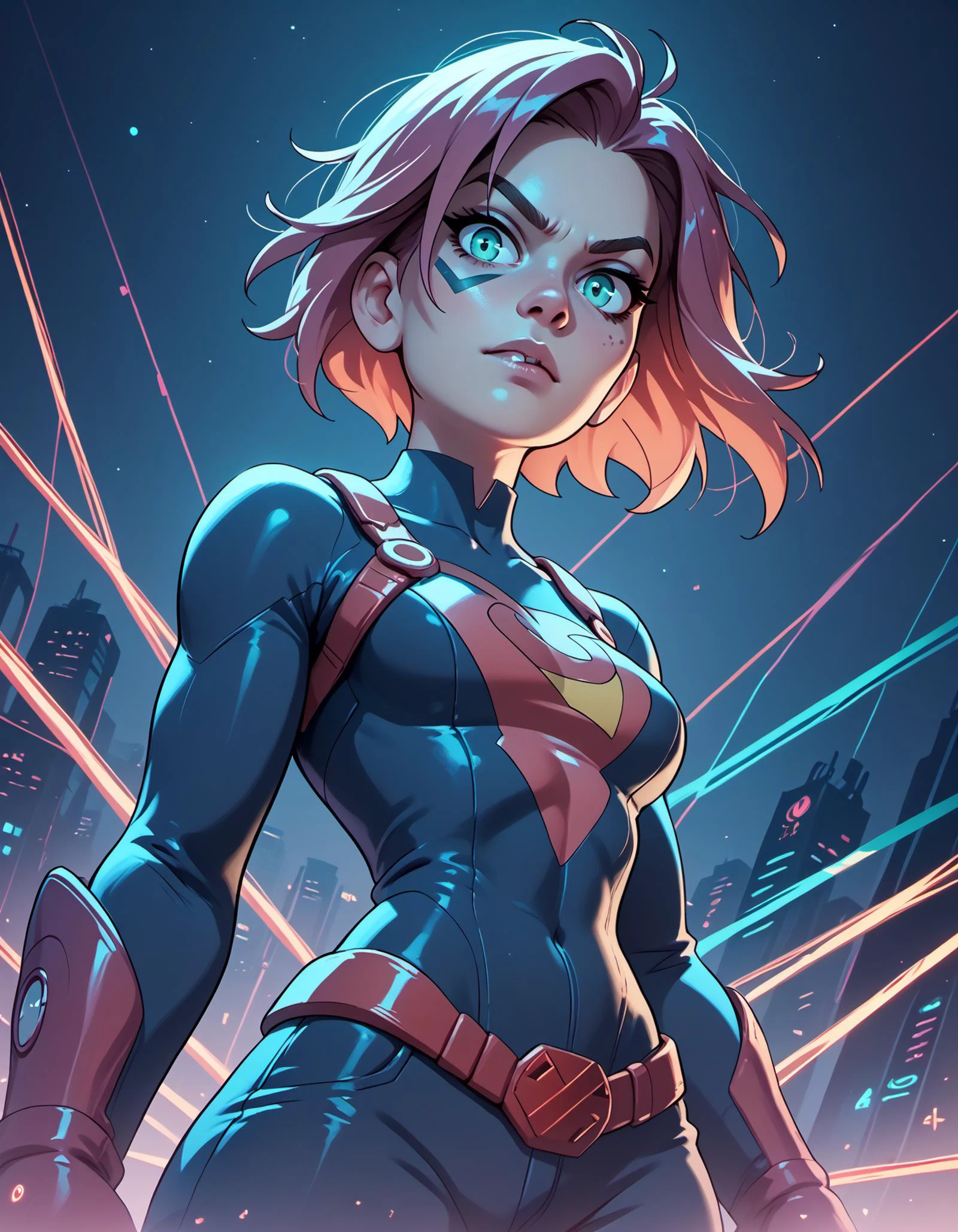 ((Unusual Angle)),score_9, score_8_up, score_7_up, score_6_up, score_5_up, score_4_up, 1girl, super hero, in NY at night<lora:Niji-Mj_Almost_Realism:1>, Wide angle, chaotic background. vibrant, dramatic, dark, sharp focus, 8k.