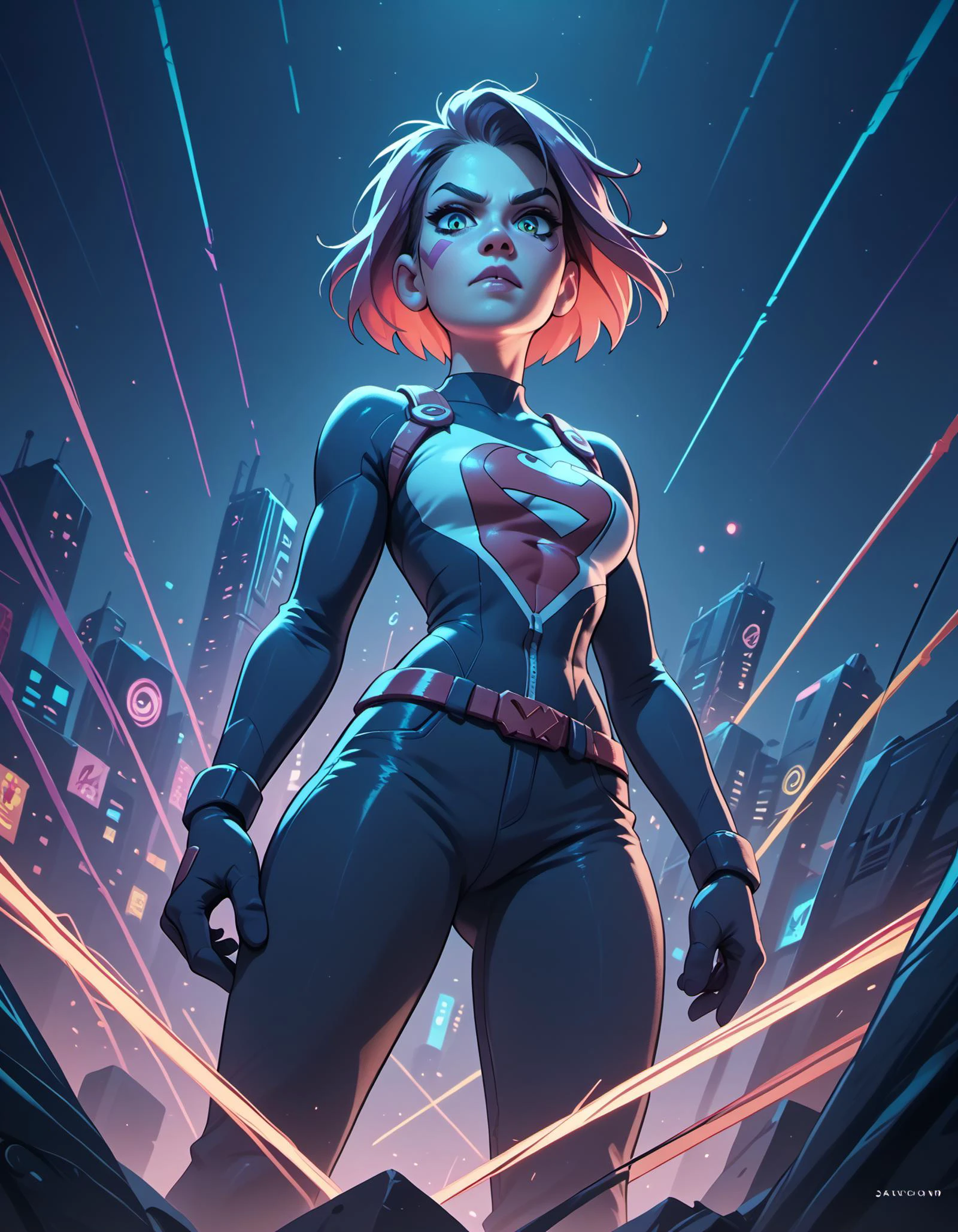 ((Unusual Angle)),score_9, score_8_up, score_7_up, score_6_up, score_5_up, score_4_up, 1girl, super hero, in NY at night<lora:Niji-Mj_Almost_Realism:1>, Wide angle, chaotic background. vibrant, dramatic, dark, sharp focus, 8k.