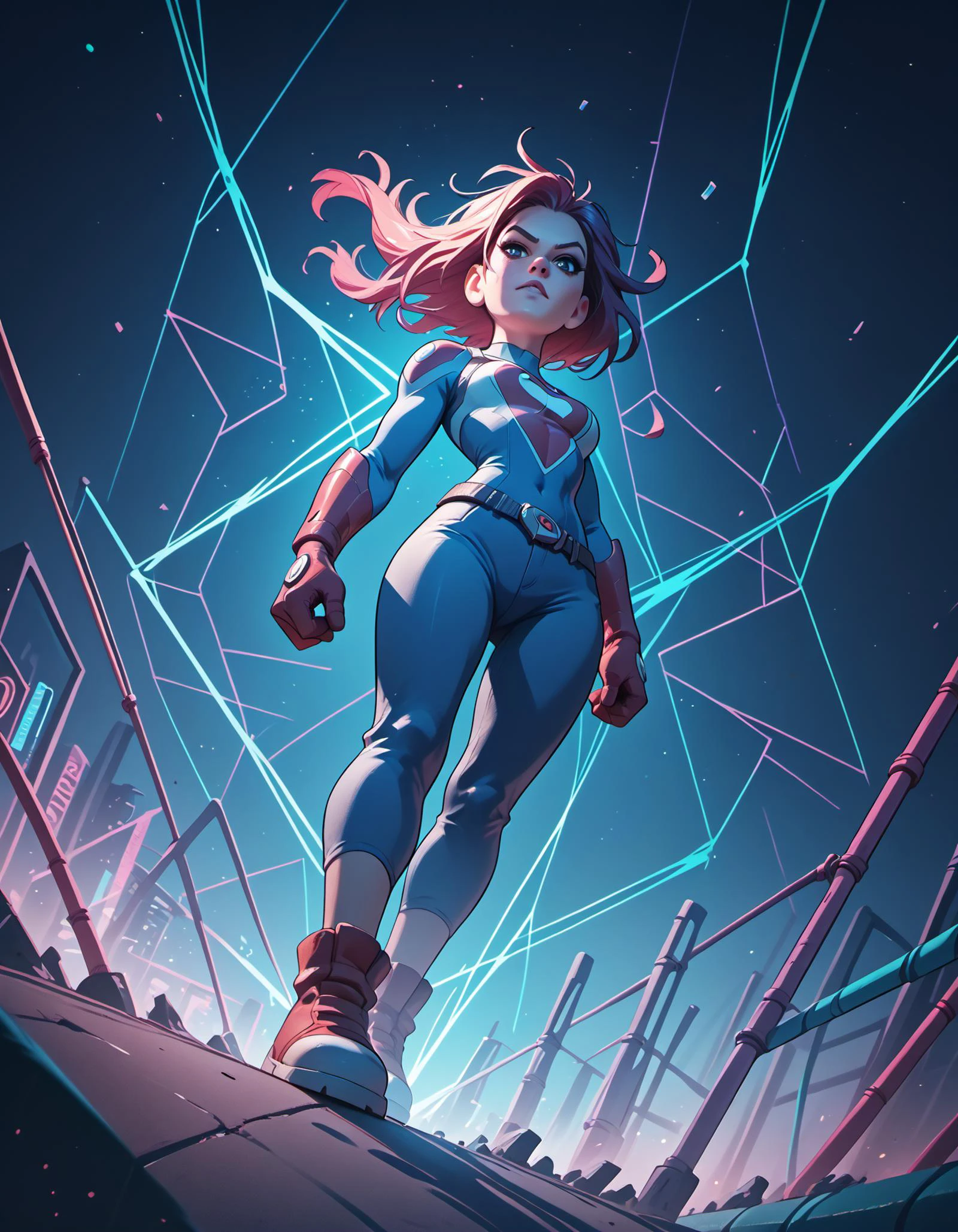 ((Unusual Angle)),score_9, score_8_up, score_7_up, score_6_up, score_5_up, score_4_up, 1girl, super hero, in NY at night<lora:Niji-Mj_Almost_Realism:1>, Wide angle, chaotic background. vibrant, dramatic, dark, sharp focus, 8k.