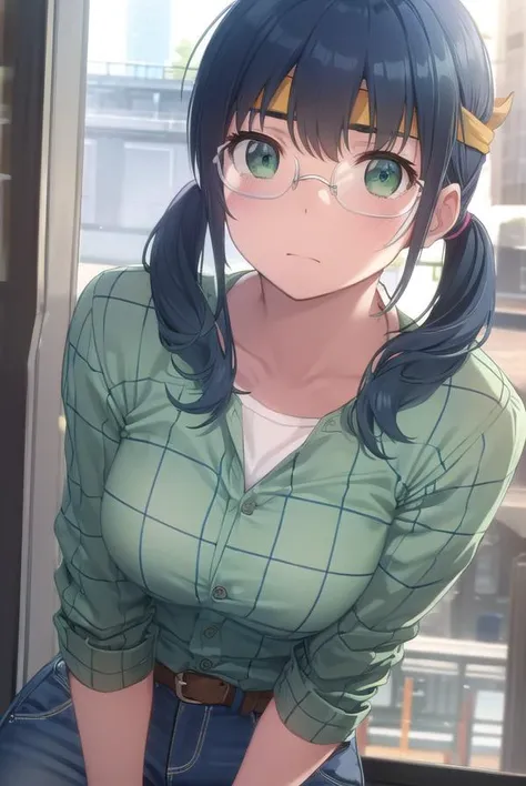 saorimakishima, <lora:saori makishima s2-lora-nochekaiser:1>,
saori makishima, twintails, blue hair, (green eyes:1.3),
BREAK shirt, glasses, belt, pants, headband, denim, jeans, plaid shirt, opaque glasses, (green shirt:1.2),
BREAK outdoors, city,
BREAK looking at viewer, (cowboy shot:1.5),
BREAK <lyco:GoodHands-beta2:1>, (masterpiece:1.2), best quality, high resolution, unity 8k wallpaper, (illustration:0.8), (beautiful detailed eyes:1.6), extremely detailed face, perfect lighting, extremely detailed CG, (perfect hands, perfect anatomy),