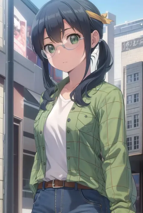 saorimakishima, <lora:saori makishima s2-lora-nochekaiser:1>,
saori makishima, black hair, twintails, blue hair, (green eyes:1.3),
BREAK shirt, glasses, belt, pants, headband, denim, jeans, plaid shirt, opaque glasses,
BREAK outdoors, city,
BREAK looking at viewer, (cowboy shot:1.5),
BREAK <lyco:GoodHands-beta2:1>, (masterpiece:1.2), best quality, high resolution, unity 8k wallpaper, (illustration:0.8), (beautiful detailed eyes:1.6), extremely detailed face, perfect lighting, extremely detailed CG, (perfect hands, perfect anatomy),
