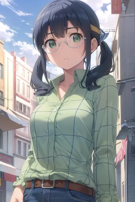saorimakishima, <lora:saori makishima s2-lora-nochekaiser:1>,
saori makishima, black hair, twintails, blue hair, (green eyes:1.3),
BREAK shirt, glasses, belt, pants, headband, denim, jeans, plaid shirt, opaque glasses,
BREAK outdoors, city,
BREAK looking at viewer, (cowboy shot:1.5),
BREAK <lyco:GoodHands-beta2:1>, (masterpiece:1.2), best quality, high resolution, unity 8k wallpaper, (illustration:0.8), (beautiful detailed eyes:1.6), extremely detailed face, perfect lighting, extremely detailed CG, (perfect hands, perfect anatomy),