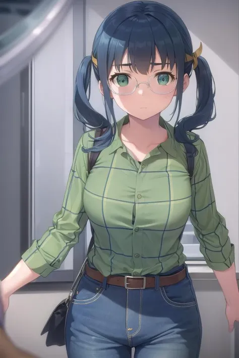 corner of warehouse、beautiful girl wearing glasses、drooping eyes、big breasts、One eye is hidden by hair、low twintails、green hair、Wearing overalls、white t-shirt、standing position、prefab wall、