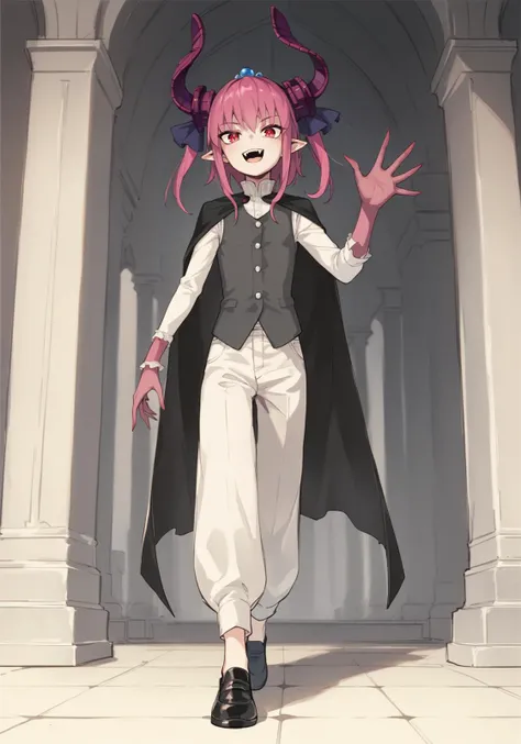 elizabeth bathory \(fate\), pink hair, red eyes, slit pupils, pointy ears. fangs, open mouth, evil smile, white shirt, vest, sleeveles, pants, shoes, black cape, vampire, indoors, gothic castle, glowing eyes, walking, outstretched arm <lora:Asutora-PonyXL-1024px:1>, score_9, score_8_up, score_7_up, score_6_up, score_5_up, score_4_up, BREAK source_anime, masterpiece