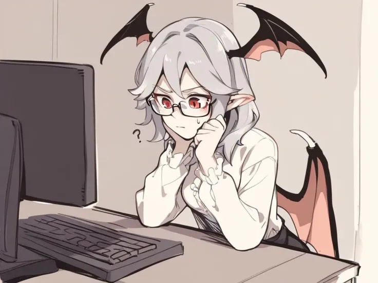 <lora:Asutora-PonyXL-1024px:0.8>
score_5, score_6, score_7, 
1girl, solo, sitting at desk, typing on keyboard, wearing (white blouse, pencil_skirt, glasses),  medium grey hair, red eyes , head wings, wings, bat wings, pointy ears, sweatdrop, confused, indoors, office, computer, \?