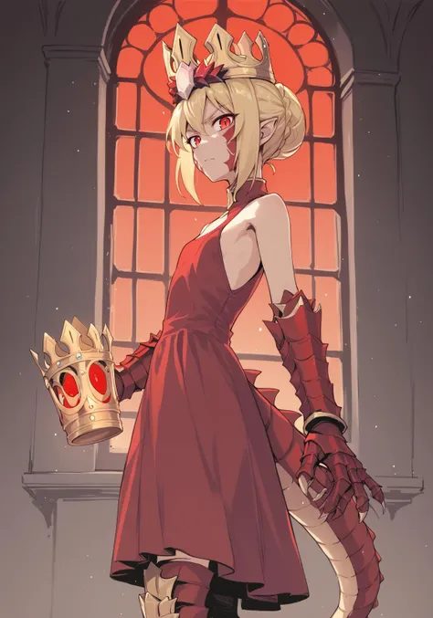 blonde hair, french braid, single hair bun, red eyes, facial mark, body markings, scales, red dress, dragon tail, mesugaki, flat chest, age regression, crown, armored legwear, dragon claw, crown, standing, houlding cup, golden cup, chalice, indoors, mansion, serious, looking at viewer, from side, window, night sky, red moon, eclipse <lora:Nero_Draco:1> <lora:Asutora-PonyXL-1024px:1>, score_9, score_8_up, score_7_up, score_6_up, score_5_up, score_4_up, BREAK source_anime, masterpiece